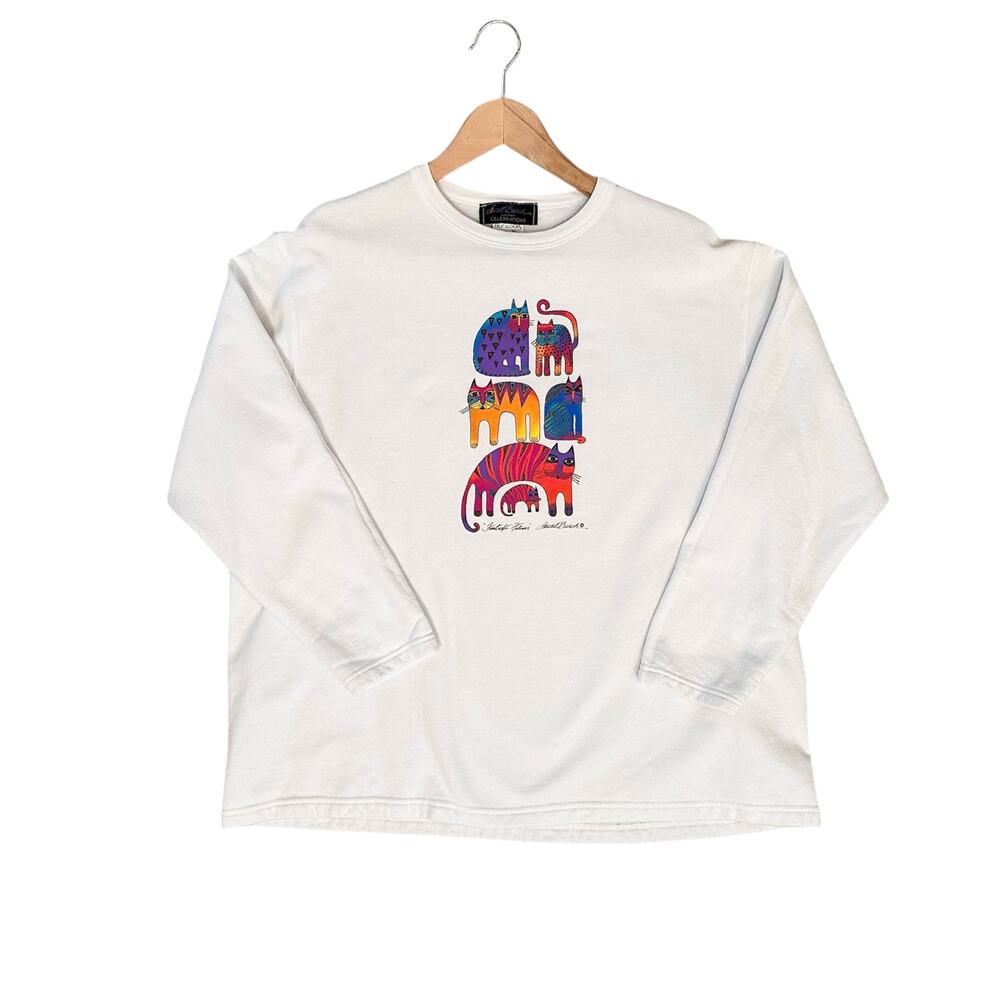Laurel Burch Fantastic Felines Sweatshirt Sz XL Bright White Cats Artsy